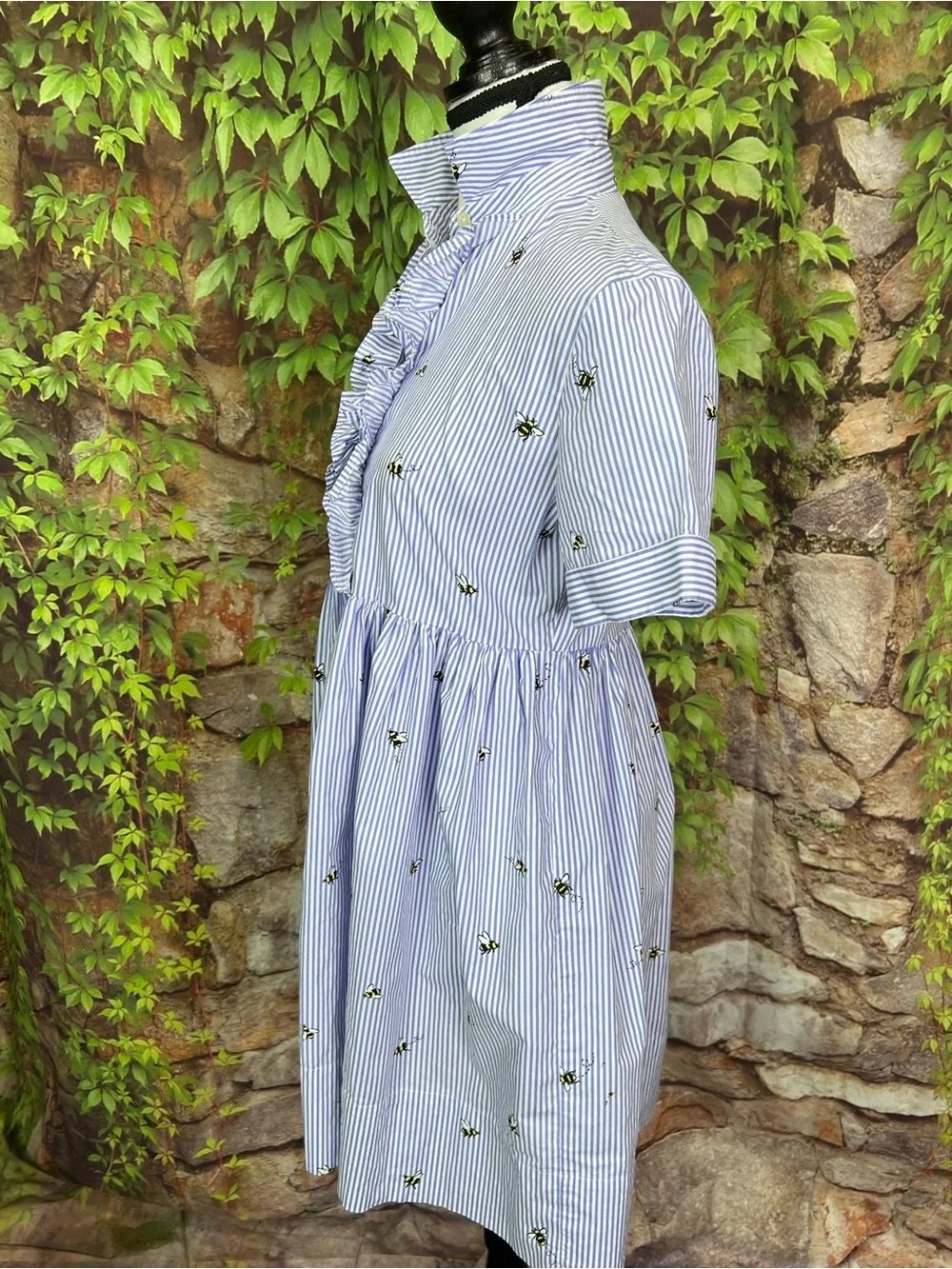 KATE SPADE Abuzz Poplin Blue and White Striped Bee Print Poplin Luxury Dress, XS